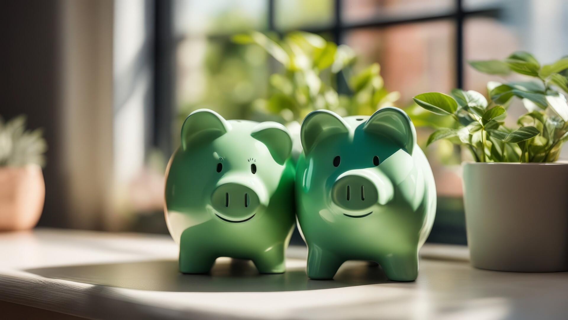 Groene spaarvarkentjes in de vensterbank met plantjes dicht tegen elkaar aan